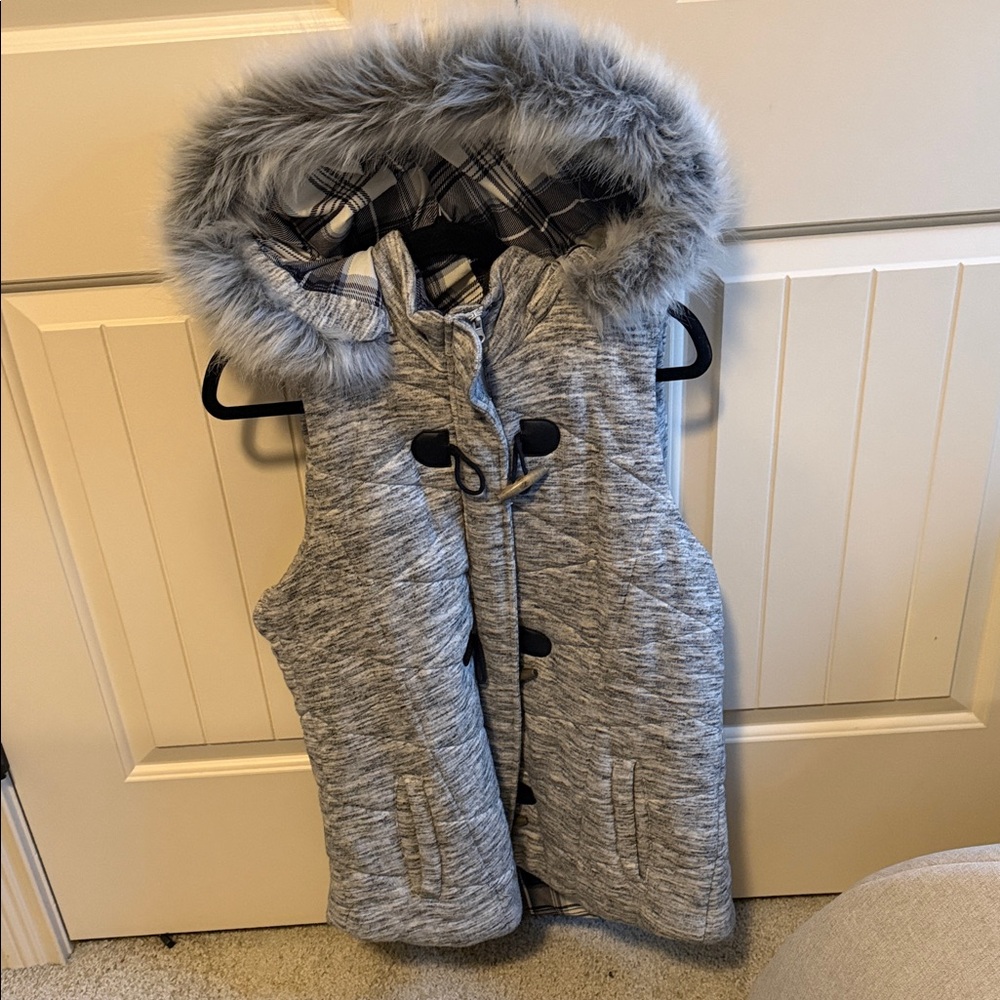 Maurices Plaid Lined Vest with Faux Fur Hood